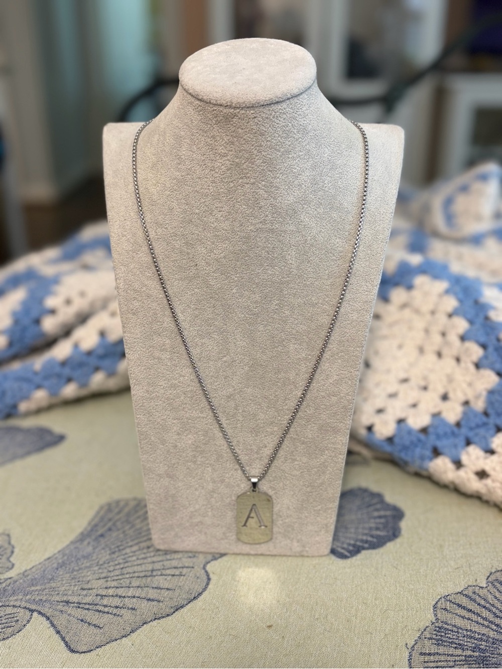 Silver-Tone Letter A Initial Dog Tag Pendant Necklace